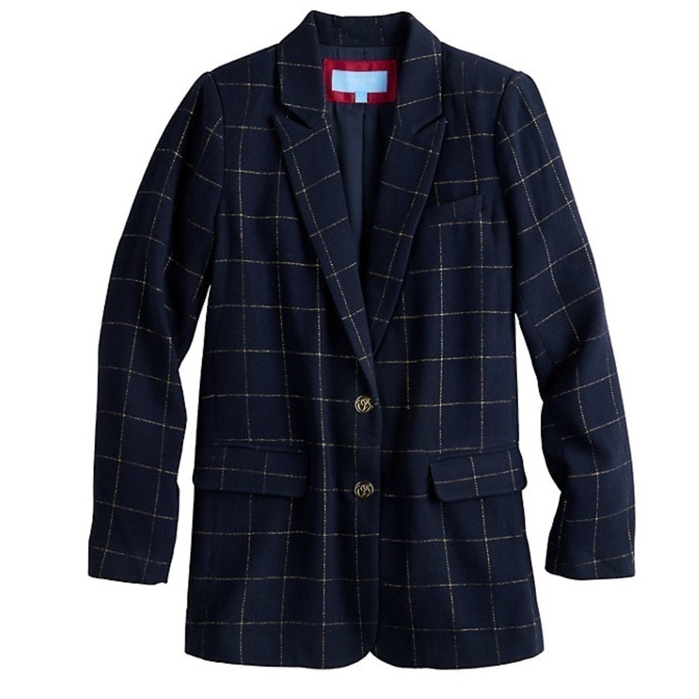 Draper James RSVP New Size XXL Navy Plaid and Gold Button Preppy Academia Blazer